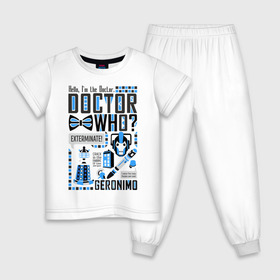 Детская пижама хлопок с принтом Доктор Кто в Новосибирске, 100% хлопок |  брюки и футболка прямого кроя, без карманов, на брюках мягкая резинка на поясе и по низу штанин
 | doctor | doctor who | доктор | доктор кто | коллаж | отвертка | сериалы | синяя будка | уничтожить | феска