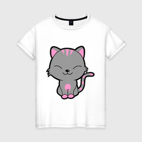 Женская футболка хлопок с принтом Довольный кот в Новосибирске, 100% хлопок | прямой крой, круглый вырез горловины, длина до линии бедер, слегка спущенное плечо | довольный кот | киска | кот | котёнок | котик | коты и кошки | коты мемы | кошки | мурка | серый кот