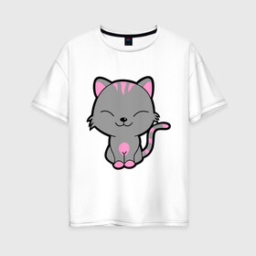 Женская футболка хлопок Oversize с принтом Довольный кот в Новосибирске, 100% хлопок | свободный крой, круглый ворот, спущенный рукав, длина до линии бедер
 | довольный кот | киска | кот | котёнок | котик | коты и кошки | коты мемы | кошки | мурка | серый кот