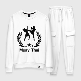 Женский костюм хлопок с принтом Muay Thai (Тайский бокс) в Новосибирске, 100% хлопок | на свитшоте круглая горловина, мягкая резинка по низу. Брюки заужены к низу, на них два вида карманов: два 