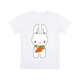 Детская футболка хлопок с принтом Зайчик с морковкой в Новосибирске, 100% хлопок | круглый вырез горловины, полуприлегающий силуэт, длина до линии бедер | Тематика изображения на принте: белый кролик | животные | зайчик | зайчик с морковкой | морковь