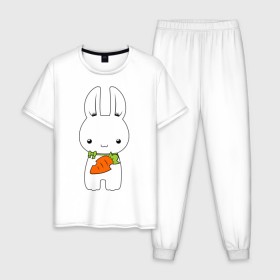 Мужская пижама хлопок с принтом Зайчик с морковкой в Новосибирске, 100% хлопок | брюки и футболка прямого кроя, без карманов, на брюках мягкая резинка на поясе и по низу штанин
 | белый кролик | животные | зайчик | зайчик с морковкой | морковь