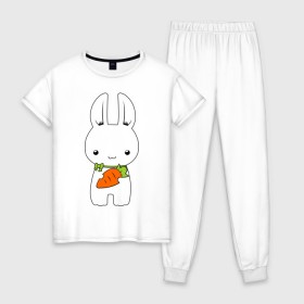 Женская пижама хлопок с принтом Зайчик с морковкой в Новосибирске, 100% хлопок | брюки и футболка прямого кроя, без карманов, на брюках мягкая резинка на поясе и по низу штанин | белый кролик | животные | зайчик | зайчик с морковкой | морковь