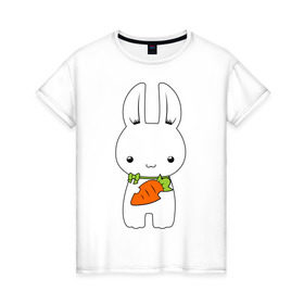 Женская футболка хлопок с принтом Зайчик с морковкой в Новосибирске, 100% хлопок | прямой крой, круглый вырез горловины, длина до линии бедер, слегка спущенное плечо | белый кролик | животные | зайчик | зайчик с морковкой | морковь