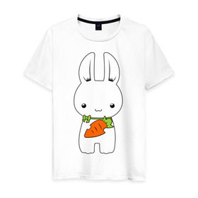 Мужская футболка хлопок с принтом Зайчик с морковкой в Новосибирске, 100% хлопок | прямой крой, круглый вырез горловины, длина до линии бедер, слегка спущенное плечо. | белый кролик | животные | зайчик | зайчик с морковкой | морковь