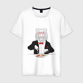 Мужская футболка хлопок с принтом Лев вегетарианец в Новосибирске, 100% хлопок | прямой крой, круглый вырез горловины, длина до линии бедер, слегка спущенное плечо. | еда | животные | лев | лев вегетарианец | очки | прикольные картинки | хипстер