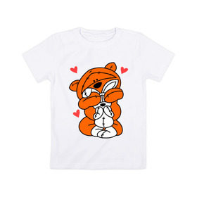 Детская футболка хлопок с принтом Мишка с зайкой в Новосибирске, 100% хлопок | круглый вырез горловины, полуприлегающий силуэт, длина до линии бедер | зайкой | заяц | кролик | любовь | медведь | мишка