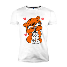 Мужская футболка премиум с принтом Мишка с зайкой в Новосибирске, 92% хлопок, 8% лайкра | приталенный силуэт, круглый вырез ворота, длина до линии бедра, короткий рукав | зайкой | заяц | кролик | любовь | медведь | мишка
