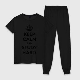 Женская пижама хлопок с принтом Keep calm and study hard в Новосибирске, 100% хлопок | брюки и футболка прямого кроя, без карманов, на брюках мягкая резинка на поясе и по низу штанин | keep calm and study hard | студенческие | учиться | школа