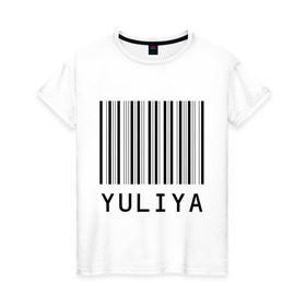 Женская футболка хлопок с принтом Юлия (штрихкод) в Новосибирске, 100% хлопок | прямой крой, круглый вырез горловины, длина до линии бедер, слегка спущенное плечо | имена | штрихкод | юла | юлинька | юлия | юлька