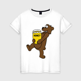 Женская футболка хлопок с принтом Медведь с медом в Новосибирске, 100% хлопок | прямой крой, круглый вырез горловины, длина до линии бедер, слегка спущенное плечо | животные | медведь с медом медведь мед | сладкое