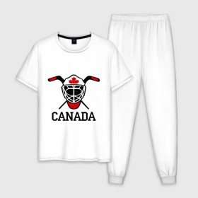 Мужская пижама хлопок с принтом Canada (Канадский хоккей) в Новосибирске, 100% хлопок | брюки и футболка прямого кроя, без карманов, на брюках мягкая резинка на поясе и по низу штанин
 | Тематика изображения на принте: canada | канадский | клюшка | спорт | хоккей | шайба