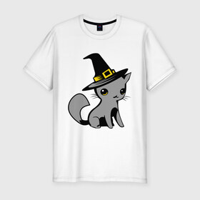 Мужская футболка премиум с принтом Кошка в шляпе в Новосибирске, 92% хлопок, 8% лайкра | приталенный силуэт, круглый вырез ворота, длина до линии бедра, короткий рукав | ведьма | киска | кошка в шляпе | кошки | мурка | прикольные картинки