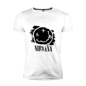 Мужская футболка премиум с принтом Смайл NIRVANA в Новосибирске, 92% хлопок, 8% лайкра | приталенный силуэт, круглый вырез ворота, длина до линии бедра, короткий рукав | kurt cobain | nirvana | rock | курт кобейн | нирвана | подарок | рожа | рожица | рок | смайл | смайлик | улыбка