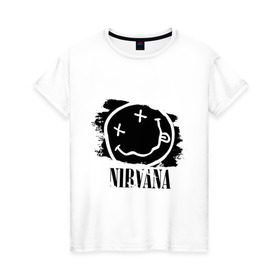 Женская футболка хлопок с принтом Смайл NIRVANA в Новосибирске, 100% хлопок | прямой крой, круглый вырез горловины, длина до линии бедер, слегка спущенное плечо | kurt cobain | nirvana | rock | курт кобейн | нирвана | подарок | рожа | рожица | рок | смайл | смайлик | улыбка