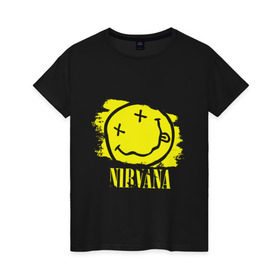 Женская футболка хлопок с принтом смайл NIRVANA в Новосибирске, 100% хлопок | прямой крой, круглый вырез горловины, длина до линии бедер, слегка спущенное плечо | kurt cobain | nirvana | rock | курт кобейн | нирвана | рожица | рок | смайл | смайлик | улыбка