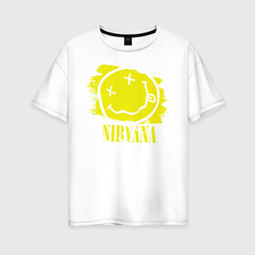 Женская футболка хлопок Oversize с принтом смайл NIRVANA в Новосибирске, 100% хлопок | свободный крой, круглый ворот, спущенный рукав, длина до линии бедер
 | kurt cobain | nirvana | rock | курт кобейн | нирвана | рожица | рок | смайл | смайлик | улыбка