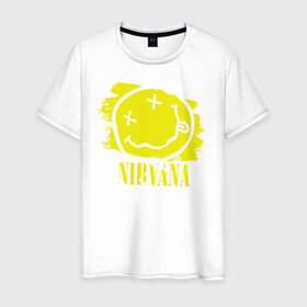 Мужская футболка хлопок с принтом смайл NIRVANA в Новосибирске, 100% хлопок | прямой крой, круглый вырез горловины, длина до линии бедер, слегка спущенное плечо. | Тематика изображения на принте: kurt cobain | nirvana | rock | курт кобейн | нирвана | рожица | рок | смайл | смайлик | улыбка
