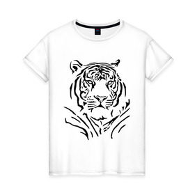 Женская футболка хлопок с принтом Величественный тигр в Новосибирске, 100% хлопок | прямой крой, круглый вырез горловины, длина до линии бедер, слегка спущенное плечо | величественный тигр | животные | полосы | хищник