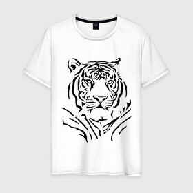 Мужская футболка хлопок с принтом Величественный тигр в Новосибирске, 100% хлопок | прямой крой, круглый вырез горловины, длина до линии бедер, слегка спущенное плечо. | величественный тигр | животные | полосы | хищник