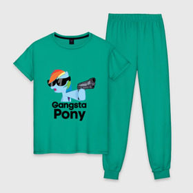 Женская пижама хлопок с принтом Gangsta pony в Новосибирске, 100% хлопок | брюки и футболка прямого кроя, без карманов, на брюках мягкая резинка на поясе и по низу штанин | gangsta pony | my little pony | pony | брони | ганста пони | оружие | очки | пистолет | пони