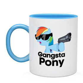 Кружка двухцветная с принтом Gangsta pony в Новосибирске, керамика | объем — 330 мл, диаметр — 80 мм. Цветная ручка и кайма сверху, в некоторых цветах — вся внутренняя часть | Тематика изображения на принте: gangsta pony | my little pony | pony | брони | ганста пони | оружие | очки | пистолет | пони
