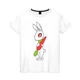 Женская футболка хлопок с принтом Зайка с морковкой в Новосибирске, 100% хлопок | прямой крой, круглый вырез горловины, длина до линии бедер, слегка спущенное плечо | животны | зайка с морковкой | займа | заяц | милый | морковка