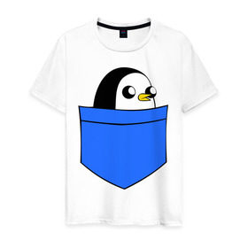Мужская футболка хлопок с принтом Пингвин в кармане в Новосибирске, 100% хлопок | прямой крой, круглый вырез горловины, длина до линии бедер, слегка спущенное плечо. | Тематика изображения на принте: пингвин