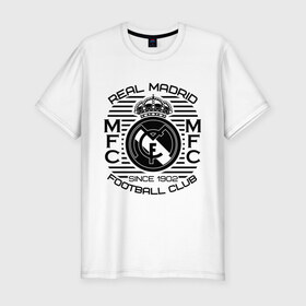 Мужская футболка премиум с принтом Real Madrid в Новосибирске, 92% хлопок, 8% лайкра | приталенный силуэт, круглый вырез ворота, длина до линии бедра, короткий рукав | 1902 | fc | footbal club | real madrid | лого | логотип | реал мадрид | спорт | футбол | футбольный клуб