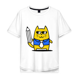Мужская футболка хлопок Oversize с принтом Деловой котик в Новосибирске, 100% хлопок | свободный крой, круглый ворот, “спинка” длиннее передней части | бизнесмен | карандаш | кот