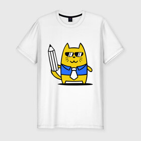 Мужская футболка премиум с принтом Деловой котик в Новосибирске, 92% хлопок, 8% лайкра | приталенный силуэт, круглый вырез ворота, длина до линии бедра, короткий рукав | бизнесмен | карандаш | кот