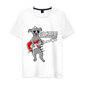 Мужская футболка хлопок с принтом Собака с гитарой (Go hard or go home) в Новосибирске, 100% хлопок | прямой крой, круглый вырез горловины, длина до линии бедер, слегка спущенное плечо. | гитара