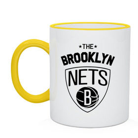 Кружка двухцветная с принтом The Brooklyn Nets в Новосибирске, керамика | объем — 330 мл, диаметр — 80 мм. Цветная ручка и кайма сверху, в некоторых цветах — вся внутренняя часть | Тематика изображения на принте: бруклин