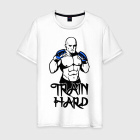 Мужская футболка хлопок с принтом Train hard (тренируйся усердно) в Новосибирске, 100% хлопок | прямой крой, круглый вырез горловины, длина до линии бедер, слегка спущенное плечо. | Тематика изображения на принте: 