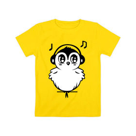 Детская футболка хлопок с принтом Птичка в наушниках в Новосибирске, 100% хлопок | круглый вырез горловины, полуприлегающий силуэт, длина до линии бедер | воробей | мелодия | меломан | музыка | наушники | ноты | птица | птичка
