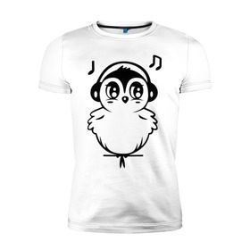 Мужская футболка премиум с принтом Птичка в наушниках в Новосибирске, 92% хлопок, 8% лайкра | приталенный силуэт, круглый вырез ворота, длина до линии бедра, короткий рукав | воробей | мелодия | меломан | музыка | наушники | ноты | птица | птичка