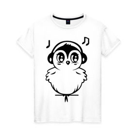 Женская футболка хлопок с принтом Птичка в наушниках в Новосибирске, 100% хлопок | прямой крой, круглый вырез горловины, длина до линии бедер, слегка спущенное плечо | воробей | мелодия | меломан | музыка | наушники | ноты | птица | птичка
