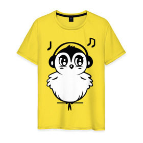 Мужская футболка хлопок с принтом Птичка в наушниках в Новосибирске, 100% хлопок | прямой крой, круглый вырез горловины, длина до линии бедер, слегка спущенное плечо. | воробей | мелодия | меломан | музыка | наушники | ноты | птица | птичка