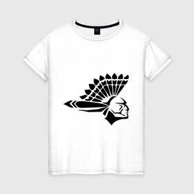 Женская футболка хлопок с принтом Индеец-воин в Новосибирске, 100% хлопок | прямой крой, круглый вырез горловины, длина до линии бедер, слегка спущенное плечо | вождь | воин | голова | индеец | краснокожий | перья | профиль | силуэт | скальп
