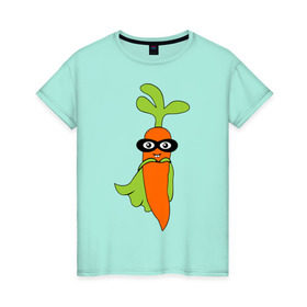 Женская футболка хлопок с принтом Супер-морковь в Новосибирске, 100% хлопок | прямой крой, круглый вырез горловины, длина до линии бедер, слегка спущенное плечо | супергерой