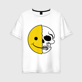Женская футболка хлопок Oversize с принтом Смайлик-черепок в Новосибирске, 100% хлопок | свободный крой, круглый ворот, спущенный рукав, длина до линии бедер
 | скелет