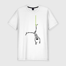 Мужская футболка премиум с принтом Висячий скелетик в Новосибирске, 92% хлопок, 8% лайкра | приталенный силуэт, круглый вырез ворота, длина до линии бедра, короткий рукав | Тематика изображения на принте: скелет