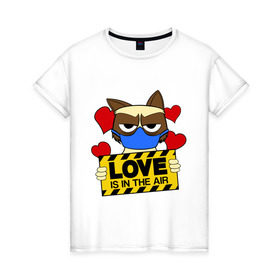 Женская футболка хлопок с принтом Любовь в воздухе в Новосибирске, 100% хлопок | прямой крой, круглый вырез горловины, длина до линии бедер, слегка спущенное плечо | air | cat | grumpy | love | воздух | кот | любовь | недовольный | повязка | респиратор | хмурый