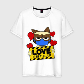 Мужская футболка хлопок с принтом Любовь в воздухе в Новосибирске, 100% хлопок | прямой крой, круглый вырез горловины, длина до линии бедер, слегка спущенное плечо. | air | cat | grumpy | love | воздух | кот | любовь | недовольный | повязка | респиратор | хмурый