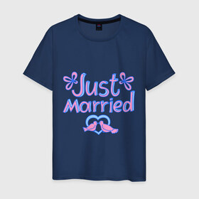Мужская футболка хлопок с принтом Just married blue в Новосибирске, 100% хлопок | прямой крой, круглый вырез горловины, длина до линии бедер, слегка спущенное плечо. | just married | брак | голубки | жених | кольца | молодожены | невеста | свадьба | супруги