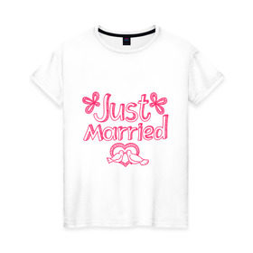 Женская футболка хлопок с принтом Just married pink в Новосибирске, 100% хлопок | прямой крой, круглый вырез горловины, длина до линии бедер, слегка спущенное плечо | just married | брак | голубки | жених | кольца | молодожены | невеста | свадьба | супруги
