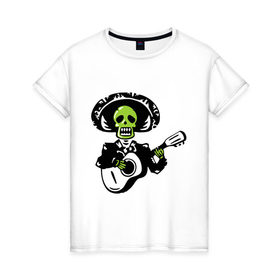 Женская футболка хлопок с принтом Мертвый музыкант в Новосибирске, 100% хлопок | прямой крой, круглый вырез горловины, длина до линии бедер, слегка спущенное плечо | гитара | скелет