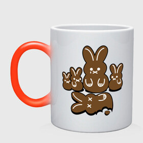 Кружка хамелеон с принтом Шоколадные кролики в Новосибирске, керамика | меняет цвет при нагревании, емкость 330 мл | Тематика изображения на принте: chocolate | death | rabbit | еда | зайцы | заяц | зверь | кролик | шоколад