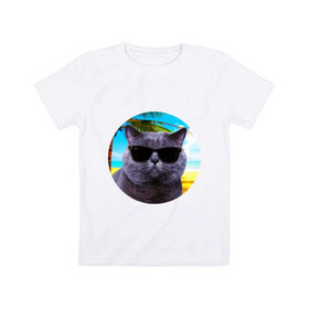 Детская футболка хлопок с принтом Котэ на пляже в Новосибирске, 100% хлопок | круглый вырез горловины, полуприлегающий силуэт, длина до линии бедер | кот | котэ | лето | мем | очки | пальма | пляж | солнце
