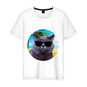 Мужская футболка хлопок с принтом Котэ на пляже в Новосибирске, 100% хлопок | прямой крой, круглый вырез горловины, длина до линии бедер, слегка спущенное плечо. | кот | котэ | лето | мем | очки | пальма | пляж | солнце